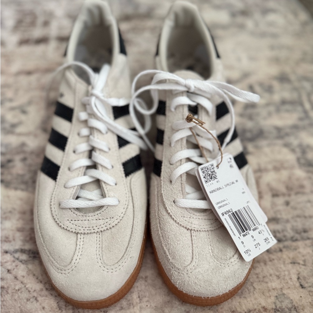 Adidas Women’s Handball Spezial Sneakers White with Black Stripes and Gum Sole